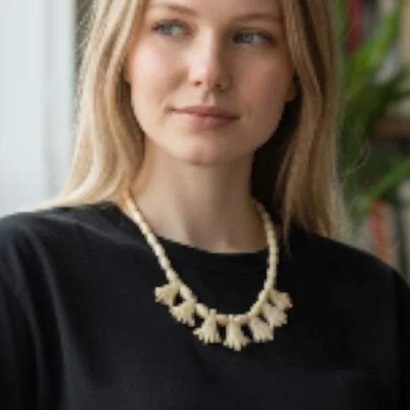 Vintage (80s) Egyptian Carved Bone Lotus Flower Necklace - Picture 3 of 5